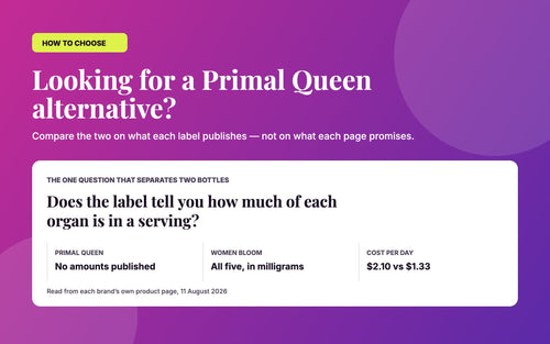Primal Queen alternative: no per-organ amounts published, against all five organs dosed in milligrams