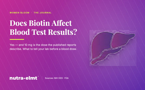 Does biotin affect blood test results — Women Bloom Journal cover showing beef liver, the food richest in biotin, on a magenta to purple gradient