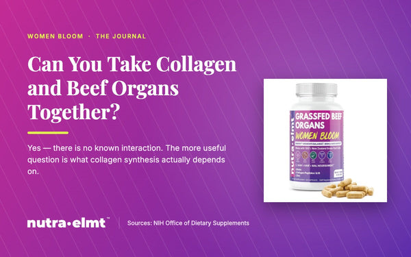 Can you take collagen and beef organs together — Women Bloom Journal cover with the supplement bottle, noting there is no known interaction between the two