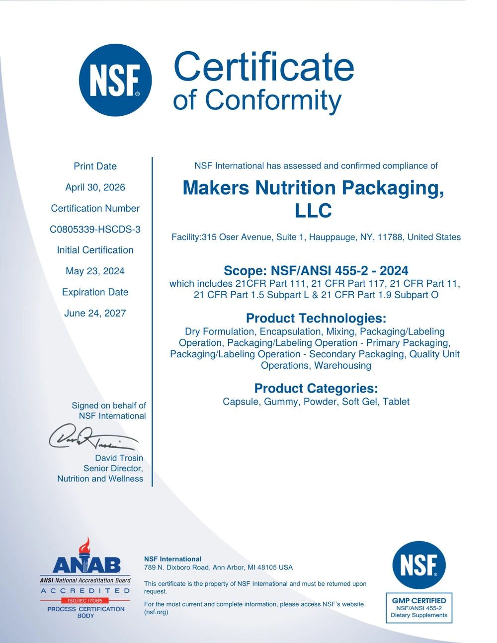 NSF GMP Facility Certification