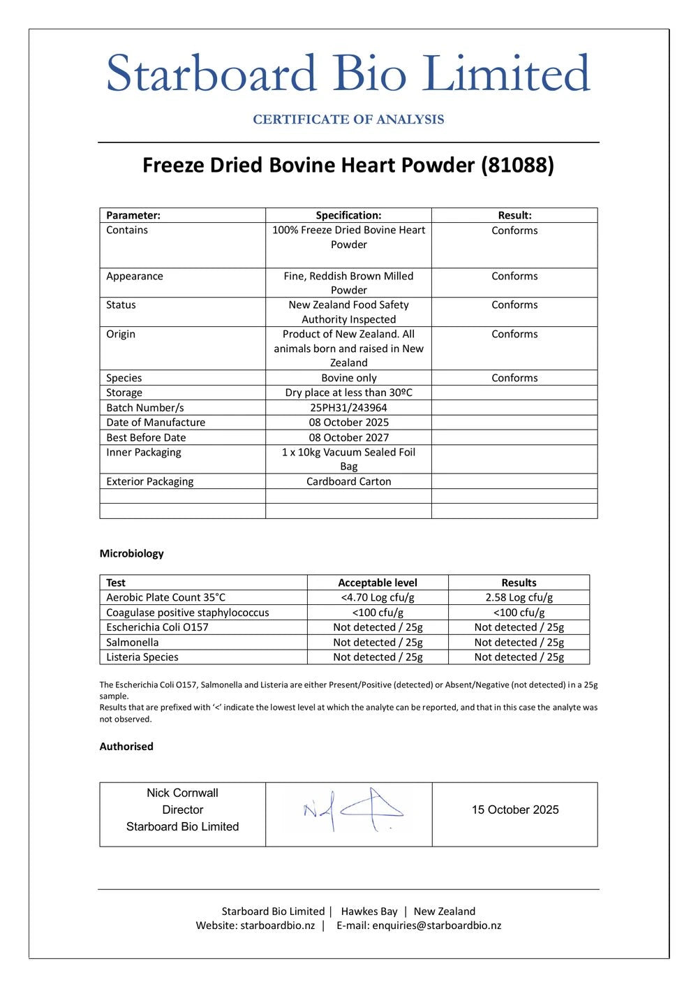 New Zealand Bovine Heart — COA