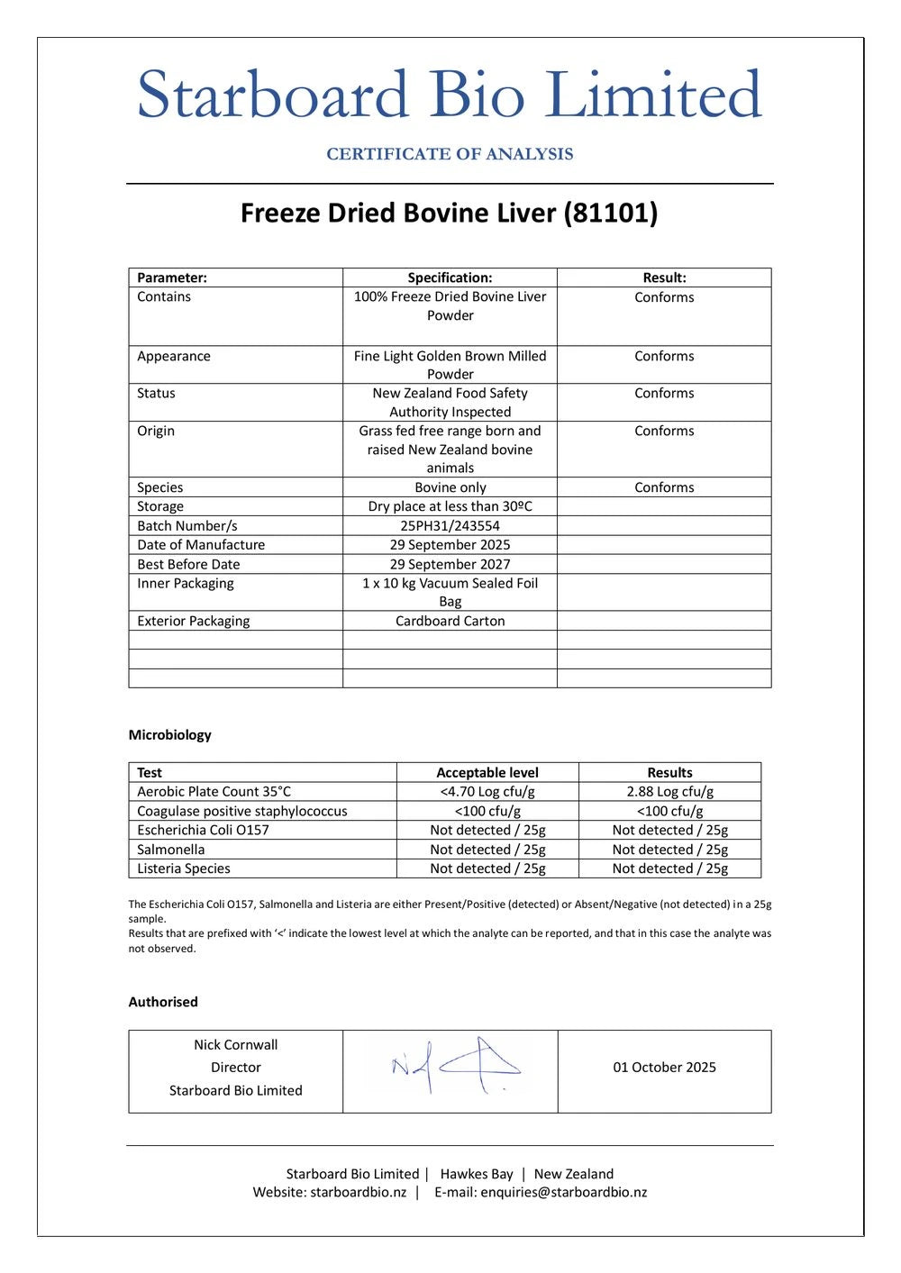 New Zealand Bovine Liver — COA
