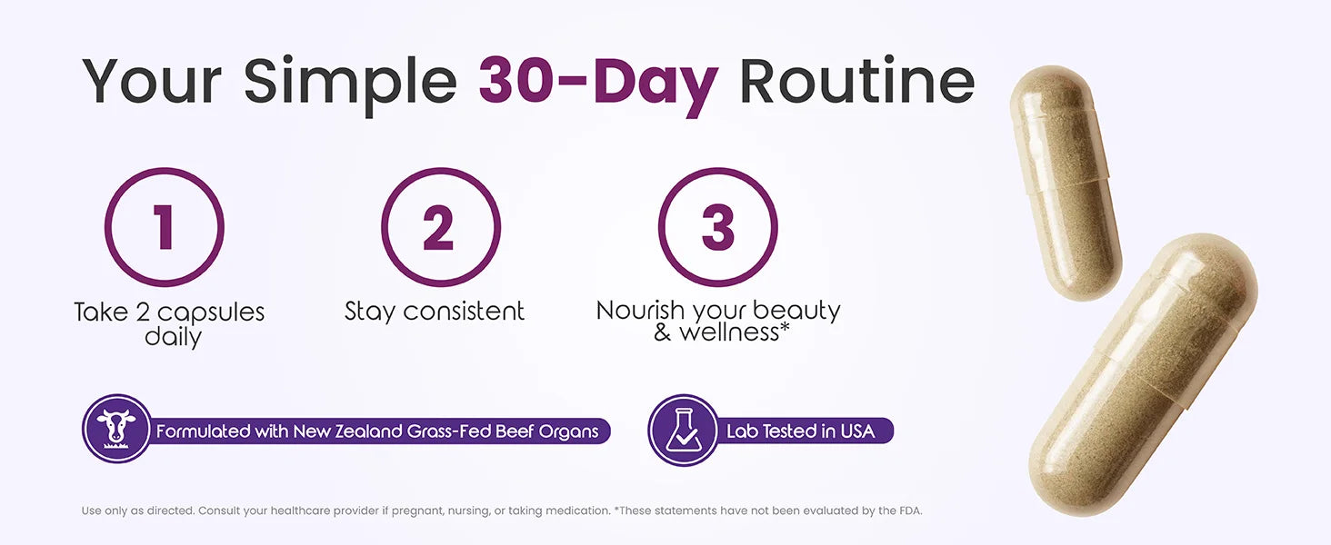 Your simple 30-day routine: take 2 capsules daily, stay consistent, nourish your beauty and wellness