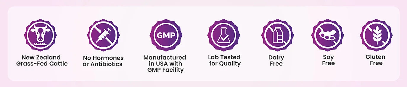 Quality seals: New Zealand grass-fed cattle, no hormones or antibiotics, manufactured in the USA in a GMP facility, lab tested for quality, dairy free, soy free, gluten free