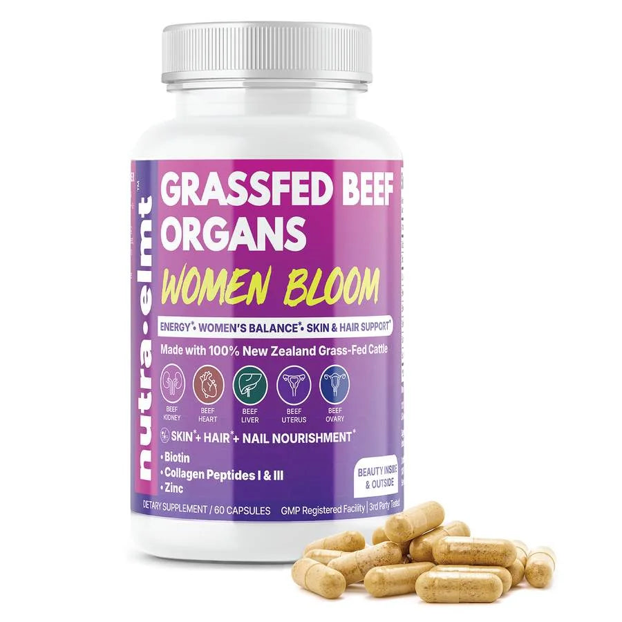 Women Bloom Grassfed Beef Organs supplement bottle with capsules