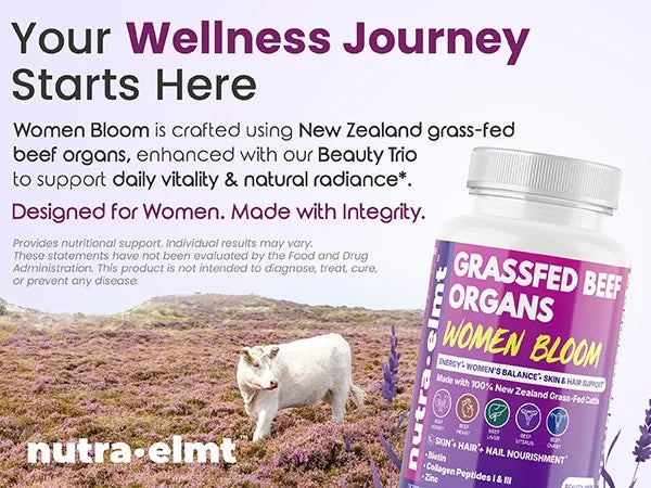 Your wellness journey starts here — Women Bloom bottle with New Zealand grass-fed cattle on pasture