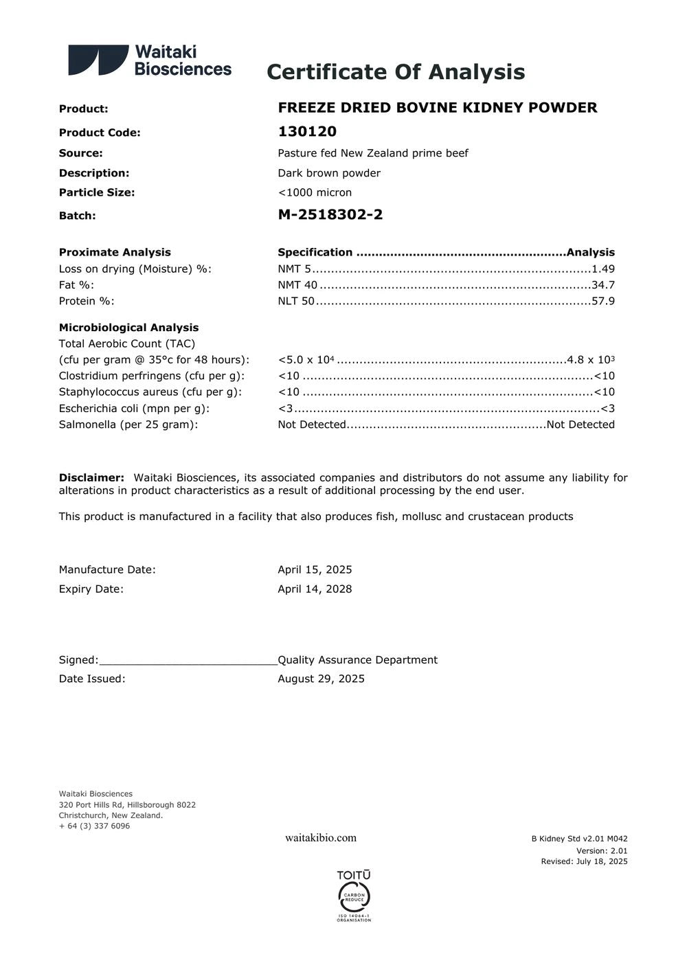 New Zealand bovine kidney certificate of analysis from Waitaki Biosciences, pasture-fed New Zealand prime beef